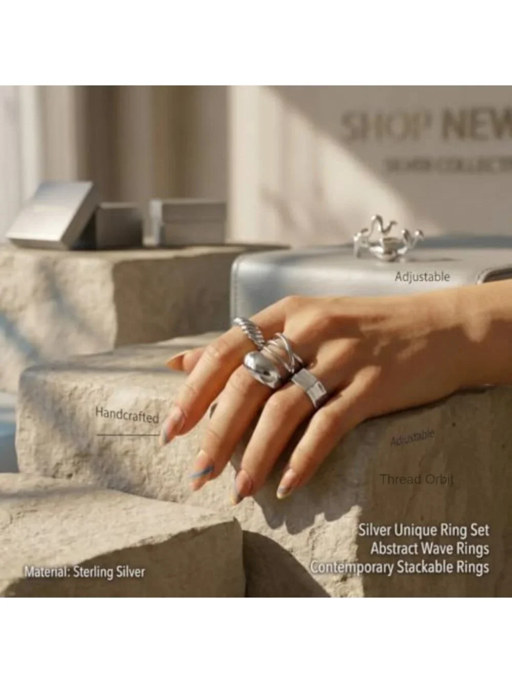 16 Pcs Chunky Stackable Open Rings Set, Silver Plated Dome Knuckle Rings Dainty